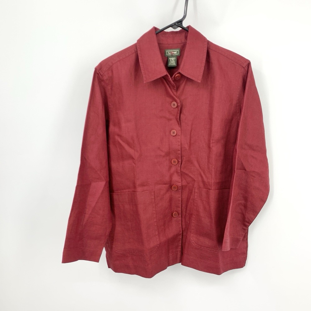 LL Bean Women Size 6 Petite 6P Medium Shirt Button Down Top Red 100% Linen 3/4